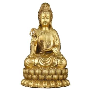 Imagem de FENNYYAR Bodhisattva de cobre, estátua de Buda Guanyin, lótus sentado, 22 cm, 22 cm, ornamentos de decoração para sala de estar