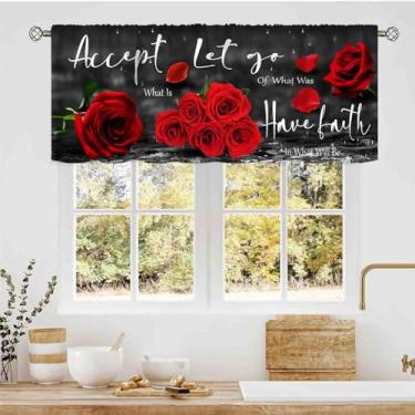 Imagem de Cortinas de saia vermelha e preta, boêmio rosa vermelha floral romântica citações inspiradoras romance moderno moda pequena cortinas de janela para cozinha, café, sala de estar, quarto, banheiro, 137
