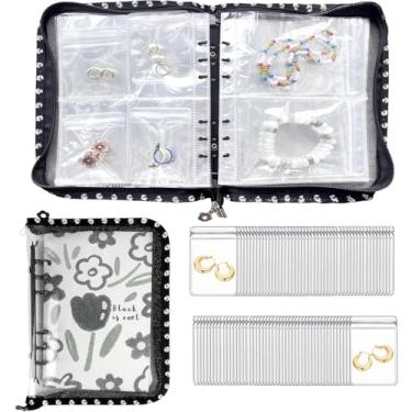 Imagem de HugList A5 Folheto organizador de joias de viagem de PVC transparente com 150 compartimentos e 50 sacos de plástico, mini estojo de viagem de joias com zíper para anéis, colares e brincos (preto)