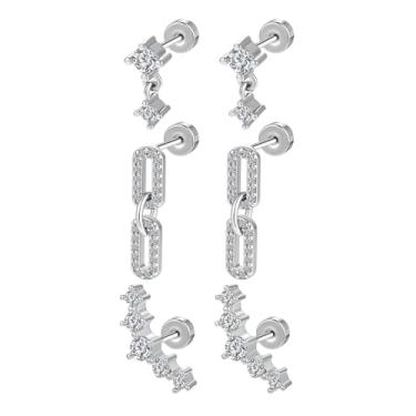 Imagem de AOEDEJ Brincos femininos com costas planas de aço cirúrgico para orelhas sensíveis para vários piercings de concha de 20 g, Aço inoxidável, Zircônica sintética