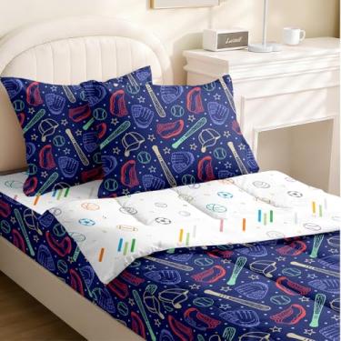 Imagem de Yadangxiawa Jogo de edredom infantil, solteiro com zíper, estampa de bolas de beisebol, lençol com elástico e fronhas para todas as estações (beisebol-A)