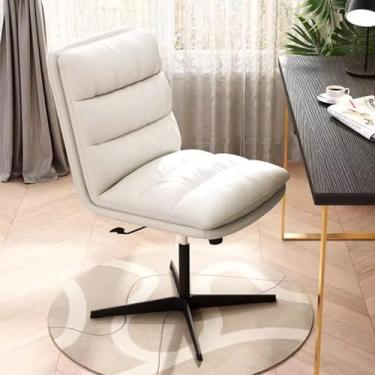 Imagem de AkosOL Cadeira giratória de escritório, cadeira com pernas cruzadas, sem rodas, encosto para quarto, escritório, cadeira ajustável, assento acolchoado com couro, cadeira sem braços, branco marfim