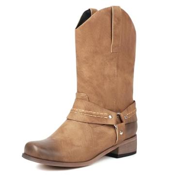 Imagem de ForeMode Botas caubói ocidentais cano alto até o joelho bota vaqueira salto grosso e bico fino com bordado clássico para meninas outono inverno, Marrom-l29, 38