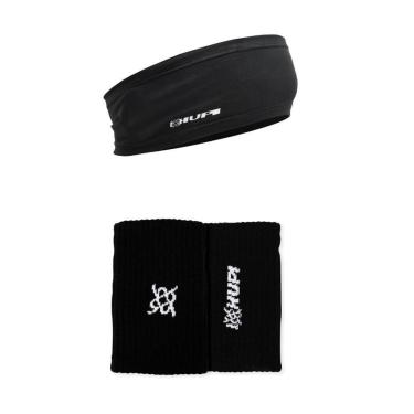 Imagem de Kit 1 Testeira HeadBand Preto Liso HUPI e 1 Par Munhequeira HUPI Spin Preta-Unissex