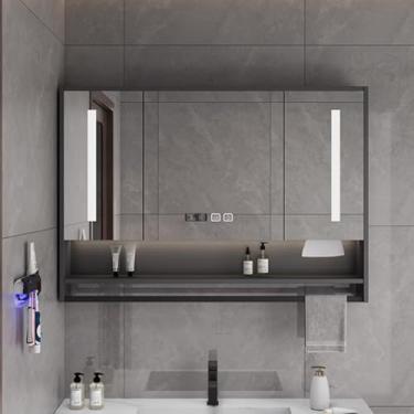 Imagem de Armário de remédios de banheiro inteligente de LED com espelho, vaidade de armazenamento montada na parede, interruptor de toque anti-embaçamento, exibição de tempo, barra de toalha, suporte de papel