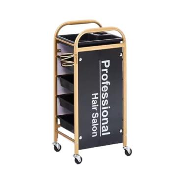 Imagem de Carrinho de barbearia dourado multifuncional com bancada de trabalho, carrinho de salão de 5 gavetas, grande capacidade de armazenamento, fácil de mover, ideal para beleza, spa e estúdios de tatuagem
