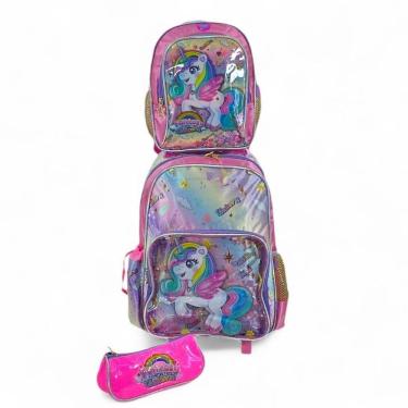 Imagem de Kit Mochila Rodinha Lancheira Bolsinha Unicornio Rosa/Lilaz