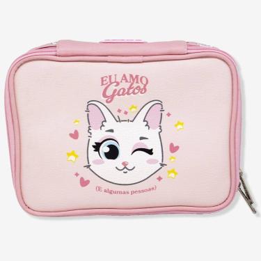 Imagem de Estojo Zonacriativa Eu Amo Gato com 3 Compartimentos e Elásticos Internos para Até 100 Lápis Azul