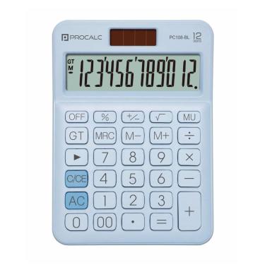 Imagem de Calculadora de Mesa Procalc PC108-BL Visor Grande 12 Dígitos Dupla Alimentação Azul