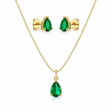 Imagem de Conjunto Colar e Brincos Zircônio Gota 0,9cm Banhado a Ouro 18k - Atra