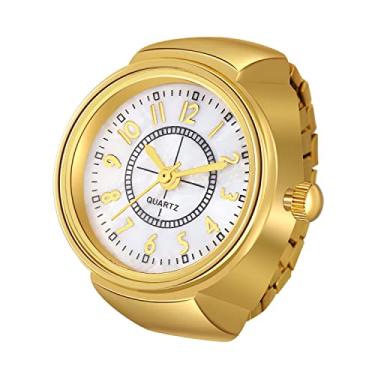 Imagem de Lancardo Relógio de anel 1 a 2 peças para mulheres e homens, relógio analógico de quartzo, algarismos arábicos, mostrador de concha com pulseira elástica simples ouro prata relógio de dedo, Dourado