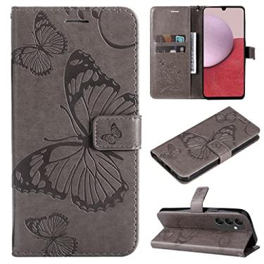 Imagem de Capas de telefone borboleta em relevo Samsung Galaxy A14 5G capa de couro luxo slots para cartão de visita clipe de carteira à prova de choque capa de telefone Samsung A14 5G capas (cinza, Samsung A14 5G)
