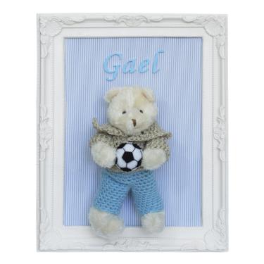 Imagem de Porta Maternidade Quadro Urso Bege Roupa de Crochê e Bola de Futebol Quarto Bebê Infantil Menino