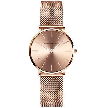 Imagem de Relógio feminino analógico de quartzo ouro rosa pulseira de malha de aço inoxidável feminino relógio de pulso à prova d'água com pulseira de punho inspiradora, HM-CC36-WFF