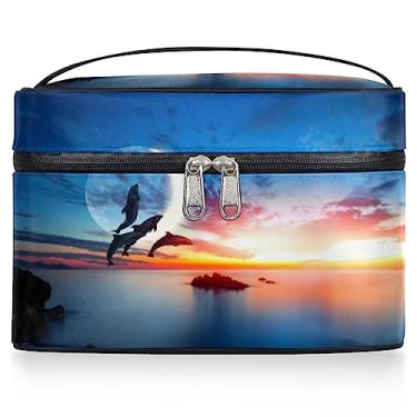 Imagem de Dolphins And Sunset Bolsa de cosméticos feminina grande bolsa de maquiagem de viagem baleias do oceano bolsa de maquiagem portátil bolsa de maquiagem caixa com zíper bolsa de higiene