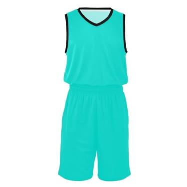 Imagem de Camisa e shorts de basquete masculino clássico secagem rápida roupa esportiva masculina de basquete para festa temática, Azul turquesa, P