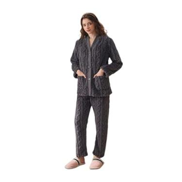 Imagem de LUBOSE Pijamas femininos confortáveis, conjunto de pijamas femininos, pijamas femininos de veludo coral, pijamas térmicos femininos, dois conjuntos de pijamas femininos, Cinza 4, M