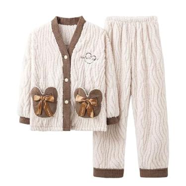 Imagem de LUBOSE Pijama feminino confortável, conjunto de pijama feminino, pijama de veludo coral feminino, pijama térmico feminino, dois conjuntos de pijama, Bege8, GG