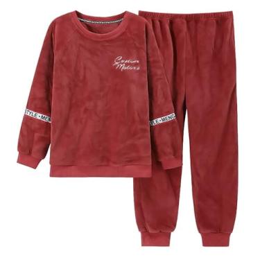 Imagem de LUBOSE Conjunto de camisola de flanela, camisola feminina, camisola térmica de inverno, terno longo feminino de manga comprida, conjunto de camisola confortável para uso doméstico (XG, vermelho2)