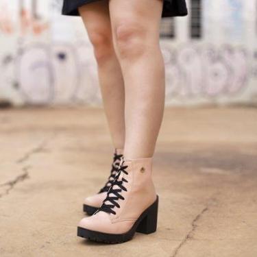 Imagem de Bota Coturno Feminino Cano Curto Ziper Salto Tratorado Branca-Feminino