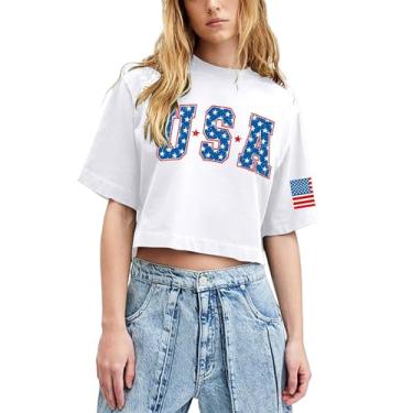 Imagem de Camiseta feminina com bandeira americana patriótica de 4 de julho camiseta manga curta Memorial Day camiseta cropped para meninas, #08 - Branco, P