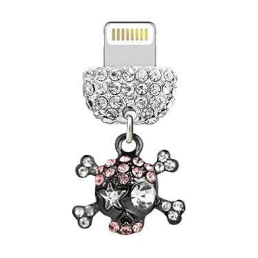 Imagem de ELISE & FONDA CP447 Porta de carregamento USB cristal antipoeira pingente de telefone pequeno caveira para iPhone 13/12/11/XS MAX/XR/X/8 Plus/7/6S/8/SE iPad iPod (cinza escuro), 1.9 cm (L) x 0.6 cm