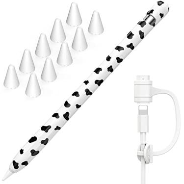 Imagem de NIUTRENDZ Capa Protetora de Silicone com Estampa de Vaca para Apple Pencil 1ª Geração, Acessórios com Pontas e Cabo Adaptador (Preto)