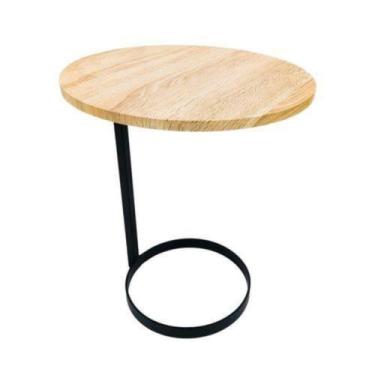 Imagem de Mesa Lateral Base Metal Preto Tampo Madeira Fino Acabamento - LUXdécor