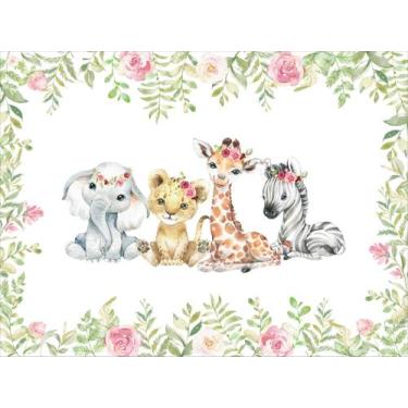 Imagem de Painel de Lona Animais Filhotes Safari Flores e Folhas Aquarela 300x20