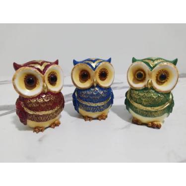 Imagem de kit Corujas trio moderna vermelha verde azul 9cm Escultura em Resina d