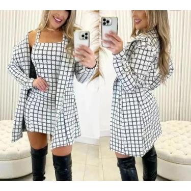 Imagem de Conjunto Vestido Xadrez E Sobretudo Inverno - J & R, Branco, M