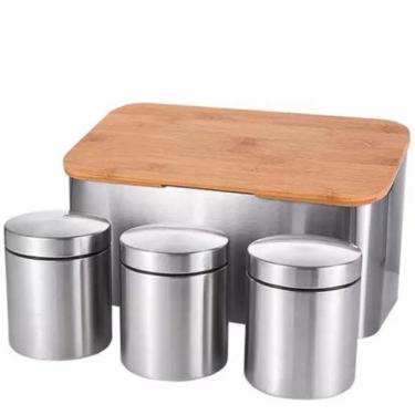 Imagem de Jogo porta pão e porta condimentos Mimo Style bambu inox