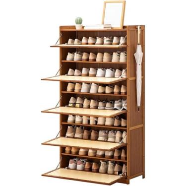 Imagem de Armários de armazenamento de sapatos de bambu com portas dobráveis, organizador de armário de armazenamento de sapatos com 2 ganchos, armário de sapatos para corredor, sala de estar, 80 × 33 × 145 cm