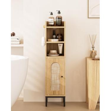 Imagem de AEPOALUA Armário de armazenamento de banheiro, pequena gaiola de canto com 2 ganchos, armário de papel higiênico estreito com porta de vime, organizador de banheiro com prateleira ajustável, para