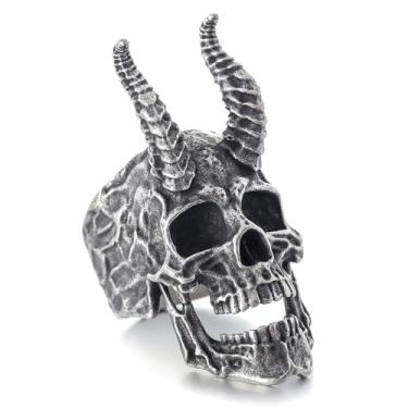 Imagem de ZMY Home Anel de caveira de cabeça de demônio grande com chifres de aço inoxidável para motociclista anel masculino, Metal, Sem pedra preciosa