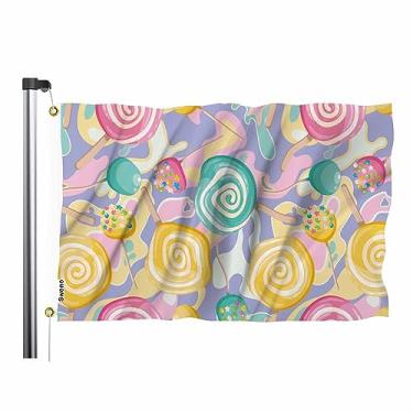 Imagem de Swono Bandeira de pirulito brilhante 9,5 x 1,5 m doce sobremesa doce bola espiral rosa azul amarelo bandeira de jardim ao ar livre bandeira de interior decoração de casa bandeira de fazenda 9x1,5 m