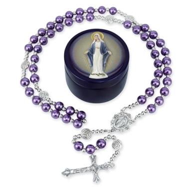Imagem de SUTANALE Colar feminino de terço de pérola de vidro de 8 mm - Contas de oração católica com caixa de presente, joias religiosas feitas à mão para batismo, primeira comunhão, Pérola de vidro, Pérola de