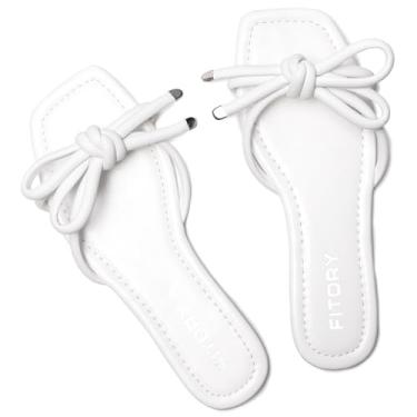 Imagem de FITORY Sandália feminina rasteira quadrada aberta com nó fofo para o verão tamanho 6-11, Todo branco, 40
