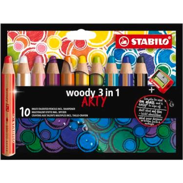 Imagem de STABILO Lápis multitalentoso woody 3 em 1 ARTY - Pacote com 10 - Cores sortidas com apontador