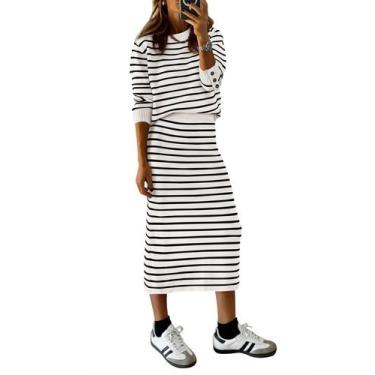 Imagem de Conjunto de Suéter e Saia Midi Listrada Branca PRETTYGARDEN - Moda Fem