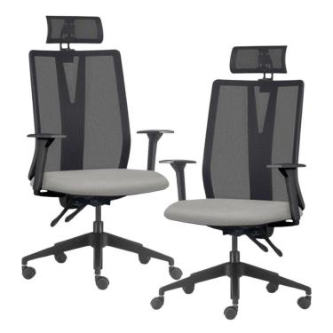 Imagem de Kit 2 Cadeiras Escritório Giratória Presidente Flow F02 Base Preta Crepe Cinza - Lyam Decor