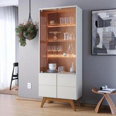 Imagem de Cristaleira com Portas de Vidro e LED Noronha Off White Matte/Freijó -