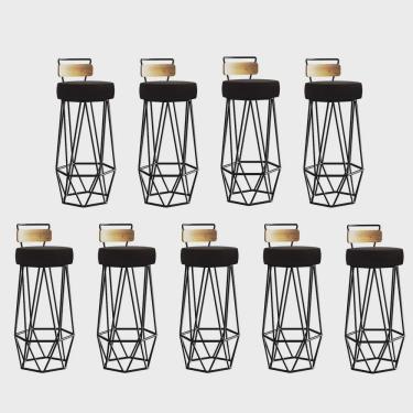 Imagem de Kit 09 Banqueta Com Encosto Botti Hexágono Cozinha Peroba Rosa Ferro Preto Sintético Marrom - Ahz Móveis