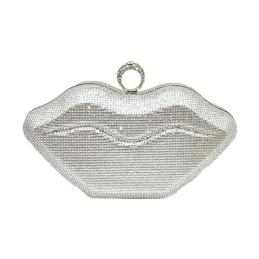 Imagem de GSYPS Bolsa feminina em forma de lábio, bolsa de mão de strass, bolsa noturna brilhante para festa de formatura para encontros de casamento, Prata