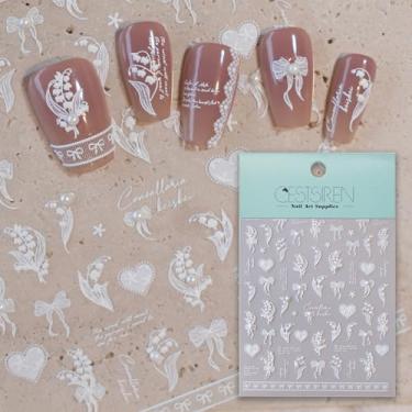 Imagem de CESTSIREN Adesivos de unhas com laço floral branco, decalques em relevo pérola 5D para design de arte, acessórios autoadesivos para mulheres, suprimentos
