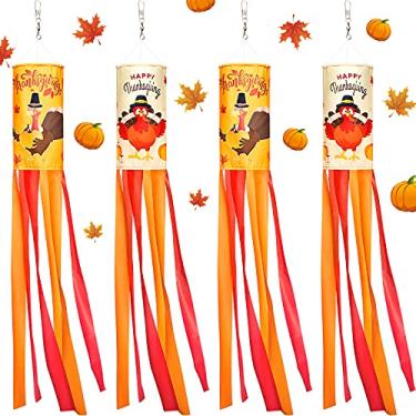 Imagem de Sumind 4 peças de 101 cm de altura de Ação de Graças, Windsock pendurada, bandeira fofa de outono, peru, coruja, corta-vento, decoração para parede, árvore, jardim, quintal