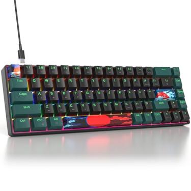 Imagem de surmen 65% Teclado mecânico para jogos com interruptor vermelho linear, mini teclado compacto com fio, 60% retroiluminado para jogadores de laptop, desktop, PC (68 Sound Wave B-Rainbow)