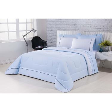 Imagem de Kit Edredom 100% Algodão Percal 150 Fios Dupla Face King Gran Moratta 3 Peças - Azul-branco