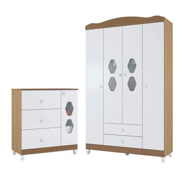 Imagem de Conjunto Guarda Roupa e Cômoda Porto 4 Portas 2 Gavetas Infantil em MDP e MDF Branco Al...