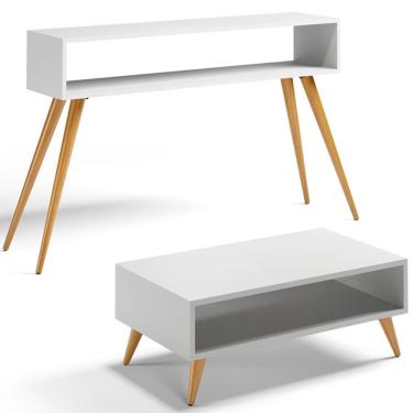 Imagem de Kit Aparador com Mesa de Centro Mônaco Retrô em MDP com Pés Palito de Madeira Branco pa...